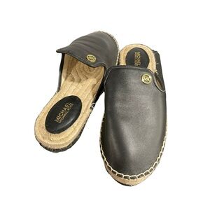 MICHAEL Michael Kors Black Leather Espadrille Flat Mules/Slides Size 6M Jute